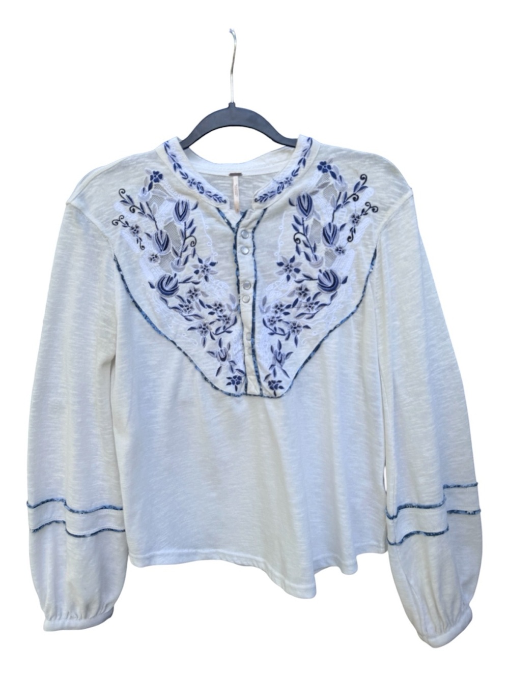 Free People Ivory Long-Sleeve Henley with Blue Floral Embroidery